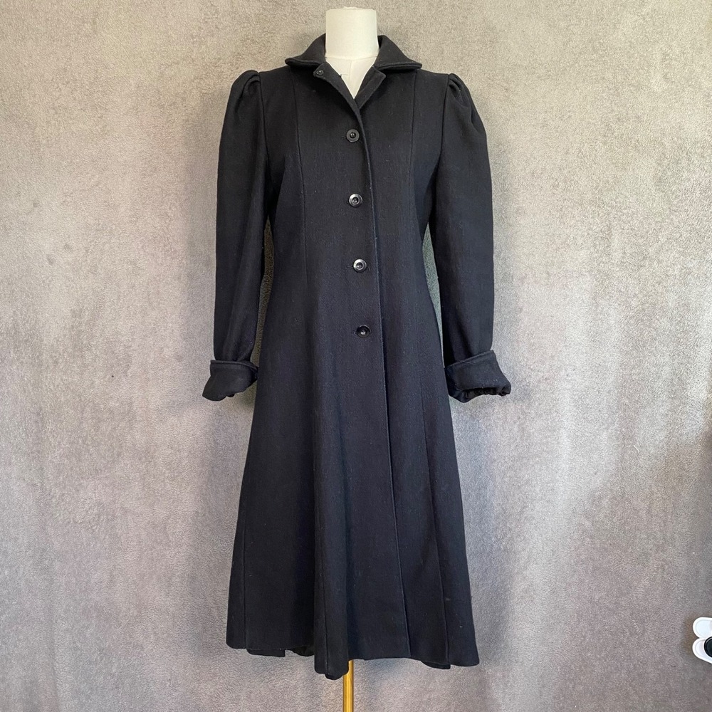 Vtg Womens Black Princess Wool Coat Size 13 Fit Flare Puff Sleeve Academia Goth